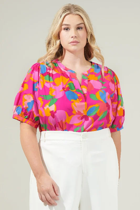 Daphne Floral Neli Split Neck Top Curve