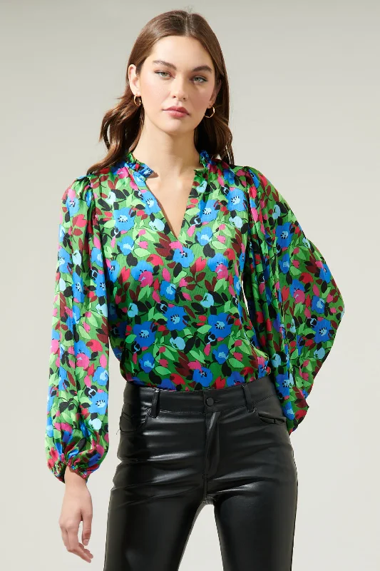 Destine Floral Hathaway Split Neck Long Sleeve Blouse