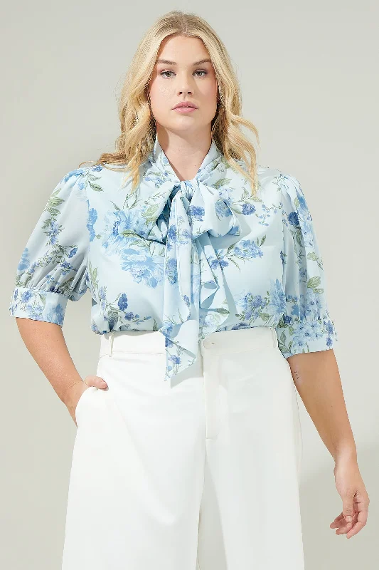 Dusty Floss Floral Neck Tie Blouse Curve