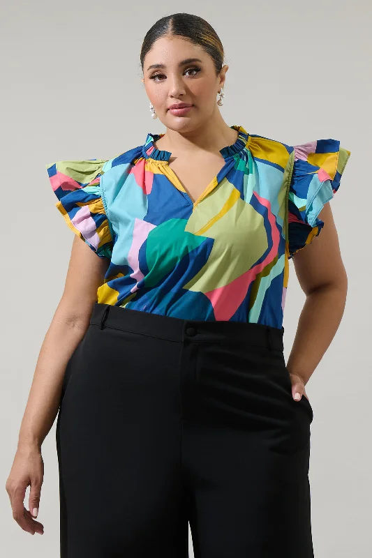 Gia Abstract Risette Ruffle Split Neck Top Curve