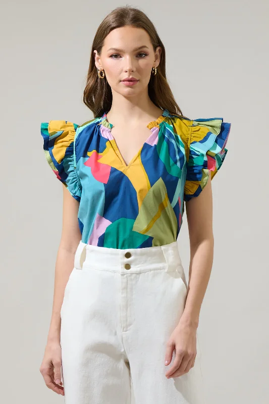 Gia Abstract Risette Ruffle Split Neck Top