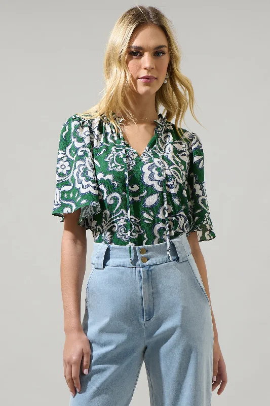 Harriet Floral Ruffle Split Neck Dupont Top