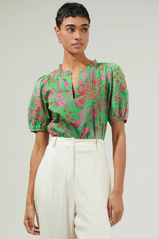 Jade Floral Kenni Split Neck Top