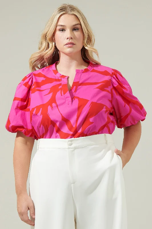 Jolene Abstract Tropical Split Neck Top Curve