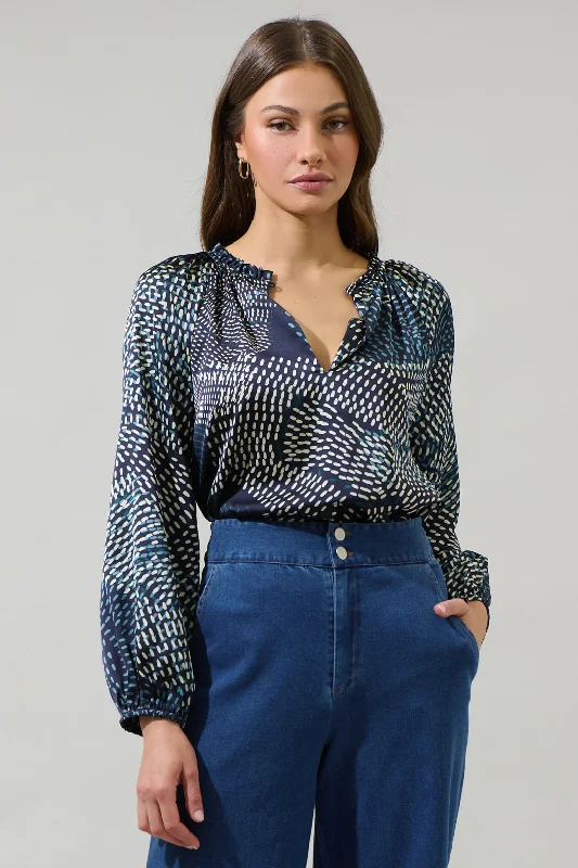 Kirby Geometric Jovie Split Neck Satin Raglan Blouse