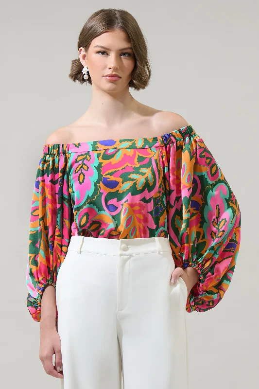 Lilia Tropical Floral Off the Shoulder Balloon Sleeve Top