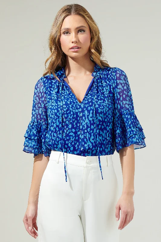 Madeira Abstract Break Room Split Neck Ruffle Blouse