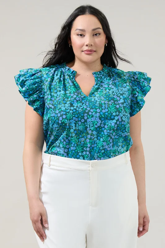 Midnight Floral Risette Ruffle Split Neck Top Curve