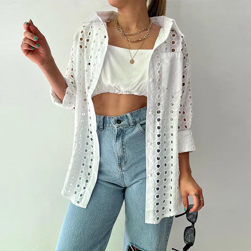 New Arrivals Spring Casual Fashion Hollow Out Women Blouse Shirts Lapel Long Sleeve Button Up Ladies' Blouses Tops