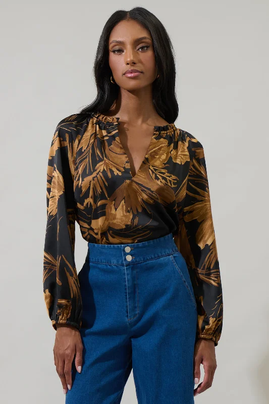 Palm Tropics Midnight Jovie Split Neck Satin Raglan Blouse