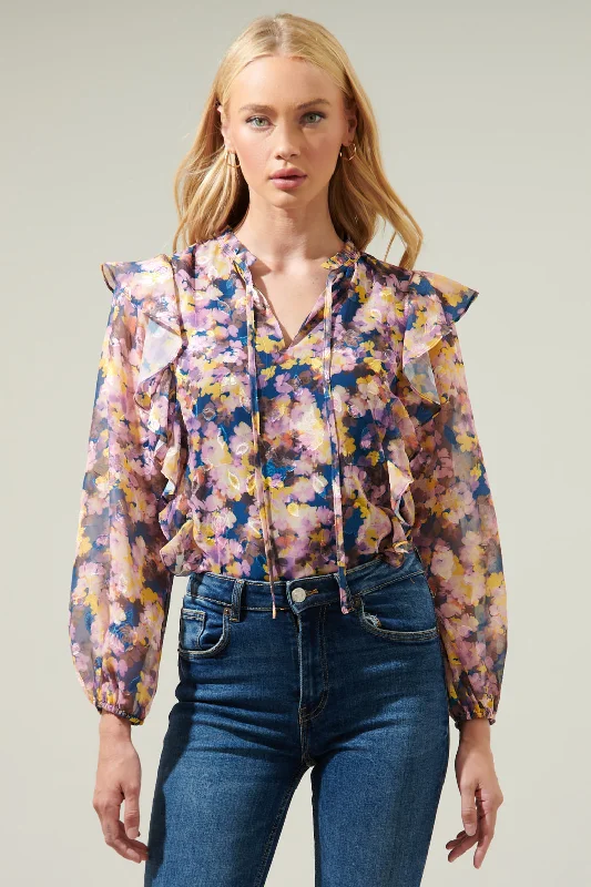 Remmy Floral Chessie Balloon Sleeve Ruffle Blouse