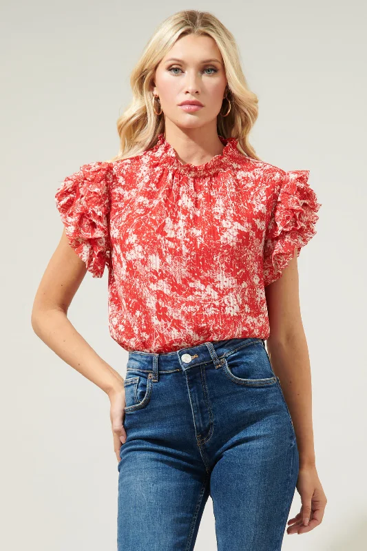 Rousseau Floral Brenna Mock Neck Ruffle Blouse