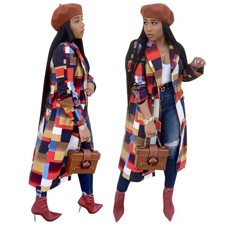 S3914 hotsale double rows button tailored collar straight loose plaid winter autumn women's coat