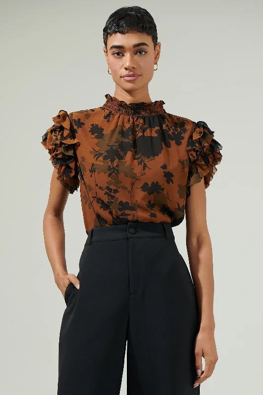 Sandy Floral Brenna Mock Neck Ruffle Blouse