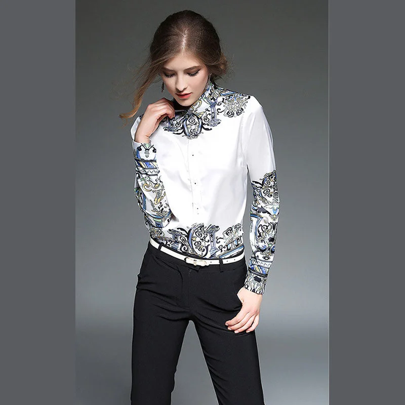 Spot YSQ8513045 new women's European and American temperament print shirt fashion wild lapel long-sleeved shirt