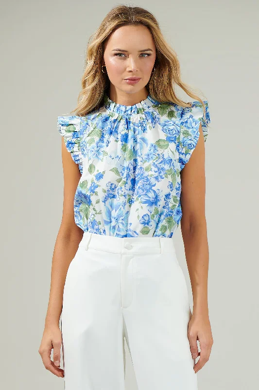 Truth Be Told Blue Floral Gabrielle Mock Neck Poplin Top