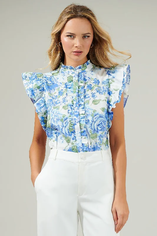 Truth Be Told Blue Floral Sleeveless Ruffle Top