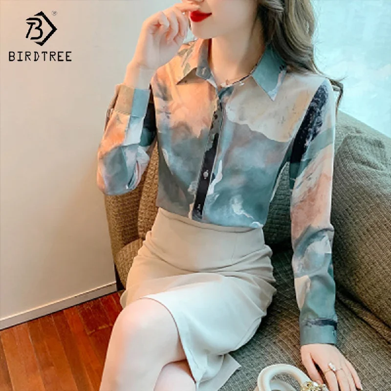 Women Long Sleeve Printed Shirts Elegant Casual Loose Blouses Chiffon Shirt Tops For Spring Autumn