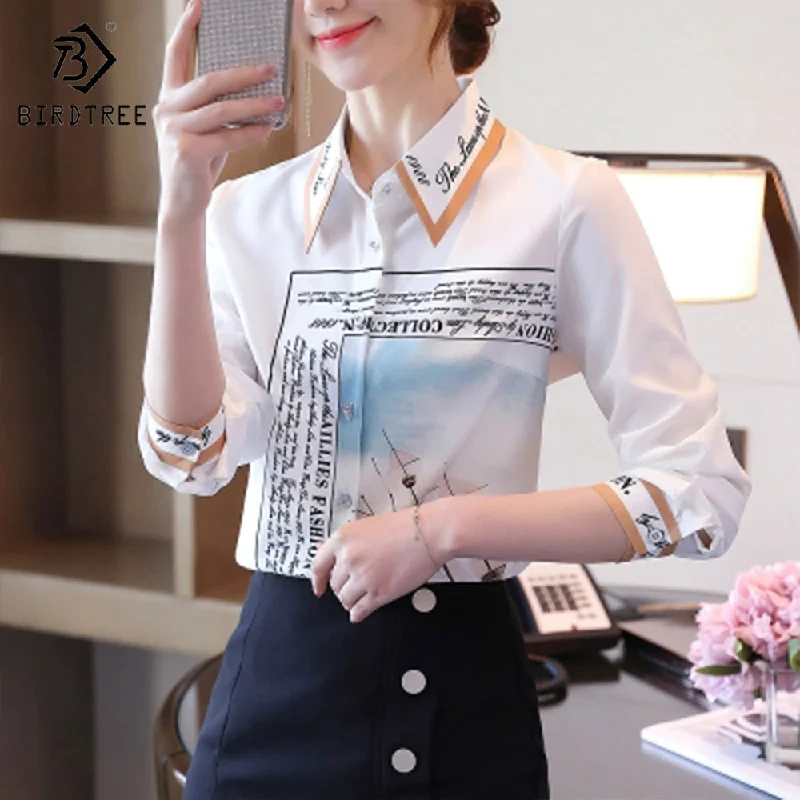 Women's Long Sleeve Shirts Elegant Creative Printed Casual Loose Blouses Chiffon Shirt Tops Autumn Spring