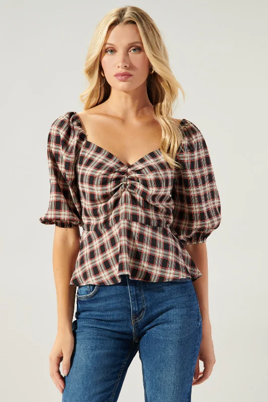 Woodby Plaid Puff Sleeve Peplum Top